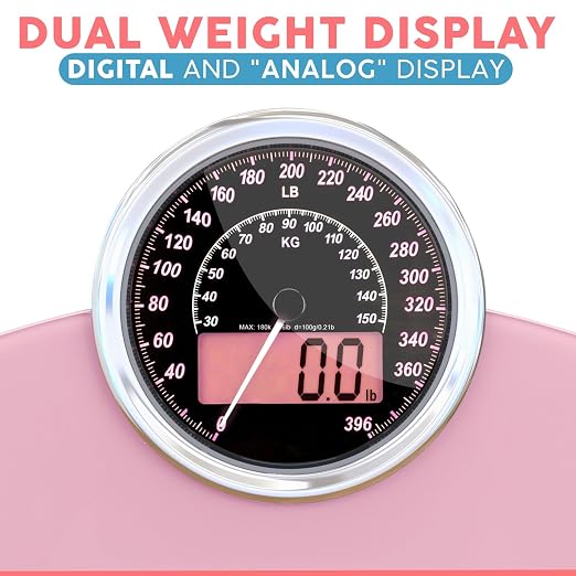 Hybrid Bathroom Scale - Analog & Digital Display, Accurate to 400 lbs | See weight on both an analog dial and digital LCD at once. Wide glass platform, accurate to 0.2 lbs, batteries included.