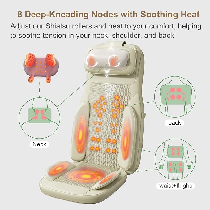 Rainwolf Shiatsu Neck and Back Massage Cushion with Heat - 4D Deep Tissue Kneading Full-Back Massager for Relief Tension, Adjustable Intensity & Height, for Office Chair & Home