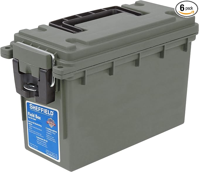 Sheffield 12626 Ammo Storage Box, Stackable .30 Cal Field Boxes, Water and Dust Resistant, Lockable Storage Box with Handle, Secures Hunting Gear, Supplies, and Bullets, Made in USA, Green(Pack of 6)
