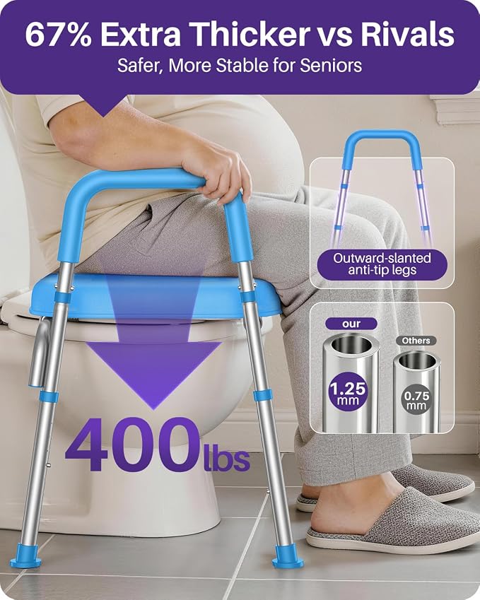 KEKOY Toilet Seat Risers for Seniors, Adjustable Height Width, Fits Most Users | Padded Elevated with Handles, Tool Free Install, Fits Most Round Elongated Toilets for Handicap,Ideal for Bathroom, Blue