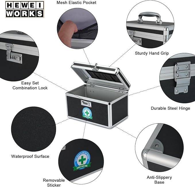 Medication Lock Box with Combination, Lockable Medicine Storage Box, Empty First Aid Box, Security Lock Box, Medical Organizer, Multipurpose Locking Box for Home and Outdoor (Black, Medium)