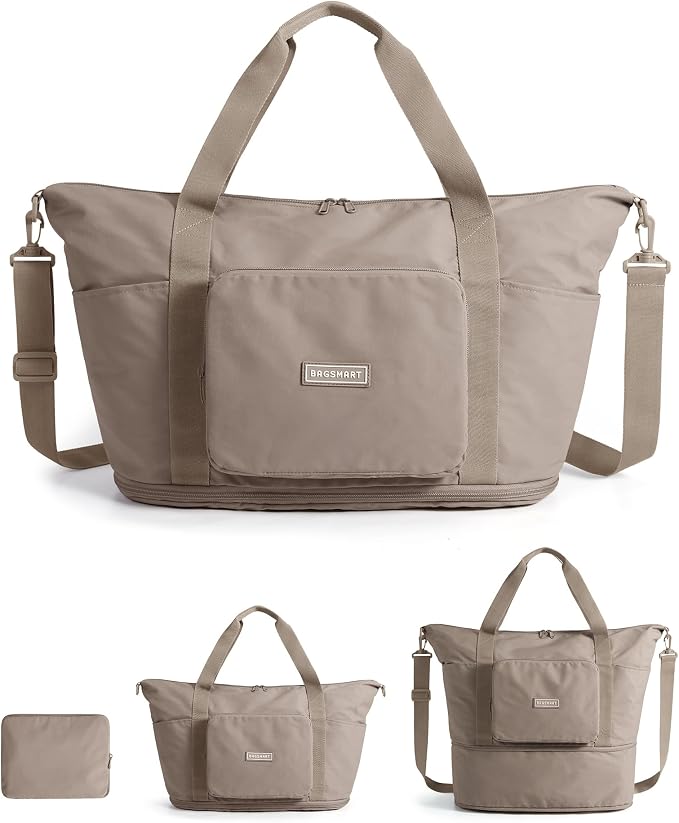 BAGSMART Foldable Travel Bag, 37L Expandable Personal Item Bag, Lightweight Weekender Bags for Women, Water Resistant Extra Carry on for Travel, Camel