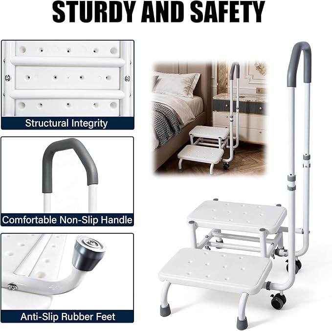 2 Step Stool for Elderly with Adjustable Handrail and Wheels, Heavy Duty Safety Bed Steps for High Beds with Non-Slip Surface, Holds 460lbs for Adults and Seniors