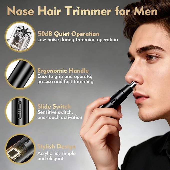 IWR Nose Hair Trimmer, Rechargeable Nose Hair Trimmer for Men Women with Cleaning Brush, Easy to Clean, Multifunctional Nose and Ear Hair Trimmer Improved Stainless Steel Replaceable Blade(Black)