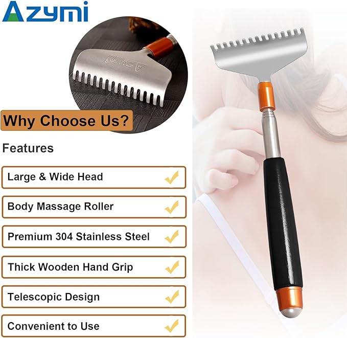 Large Back Scratcher, Strong Backscratchers for Men Women Extendable with Wider Rake Steel Claw-Wooden Handle- Massage Roller, Portable Metal Head Body Scratcher Massager