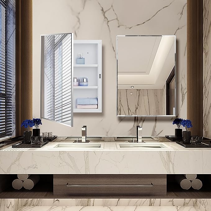 Plastic Bathroom Medicine Cabinet with Framed Mirror 16 x 22 inch, Surface and Recessed Mount