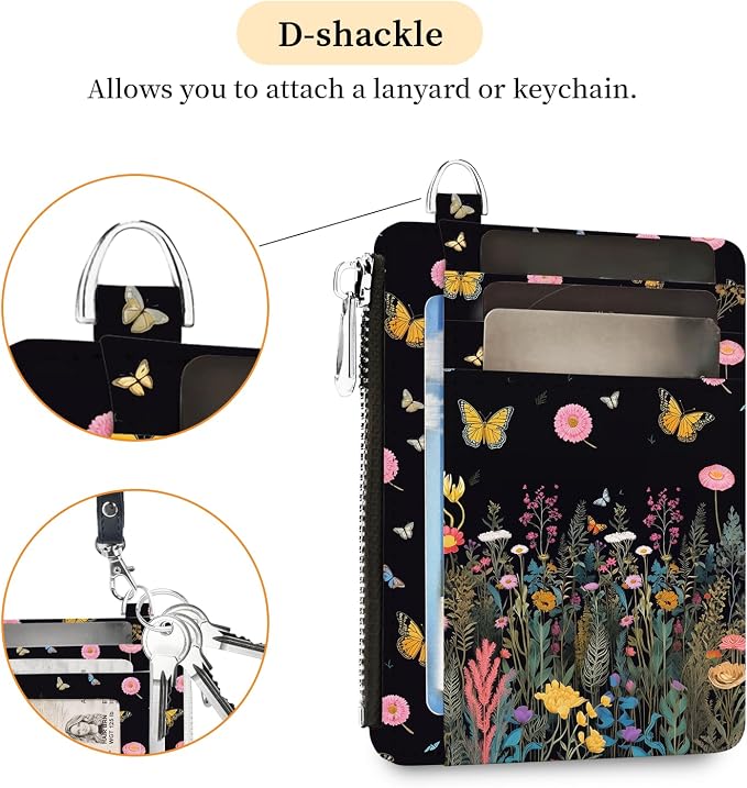 Hancynir Butterfly Flower Slim Wallet Women Credit Card Holder, Small RFID | Zipper Pocket Wallet, Thin Travel Coin Purse, PU Leather, Minimalist Card Case, 6 Card Slots, ID Window, Ladies Women Gifts