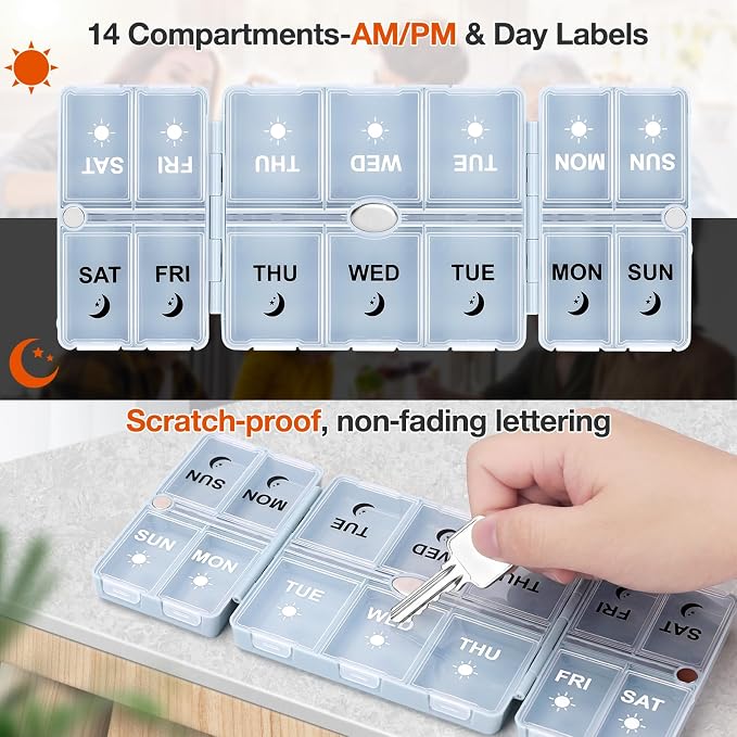 FYY Weekly Pill Organizer 2 Times a Day, Magnetic Travel Pill Box AM PM with Easy Open – 7-Day Daily Pill Case Medicine Organizer for Vitamins,Supplements - Blue