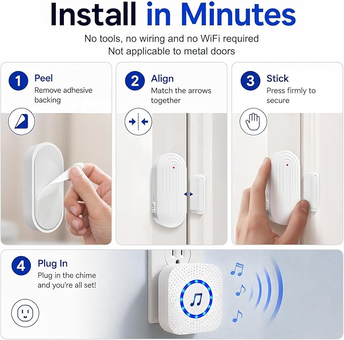 SanJie Door Chime, Door Open Contact Sensor Alarm for Business/Store/Home/Office When Entering, with 500 FT Range,26 Chimes 5 Adjustable Volume 2 Receivers +2 Sensors
