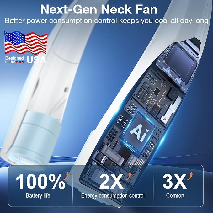 Portable Neck Fan, 6 Speeds Rechargeable Personal Fan with AI Chips, Hands-Free 360° Faster Cooling Wearable Fan, Ultra Quiet for Home, Office, Travel, Indoor, Outdoor - Sky Blue