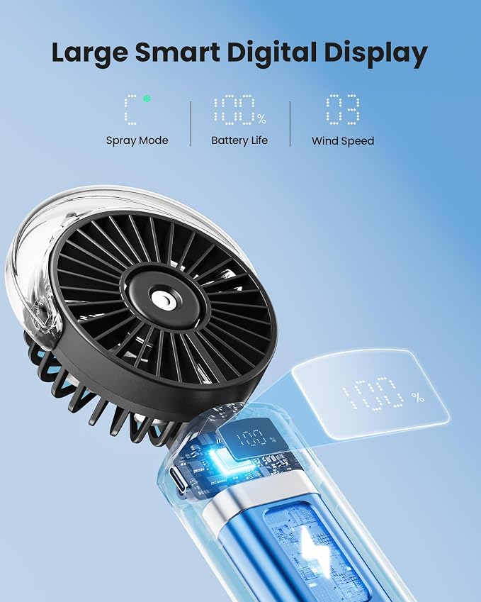 Gaiatop Portable Misting Fan, Rechargeable Handheld Fan with Water Spray | Water Mist Spray, Foldable Design, 3 Speeds, LED Display, USB Rechargeable Fan for Travel, Concerts and Outdoor Use