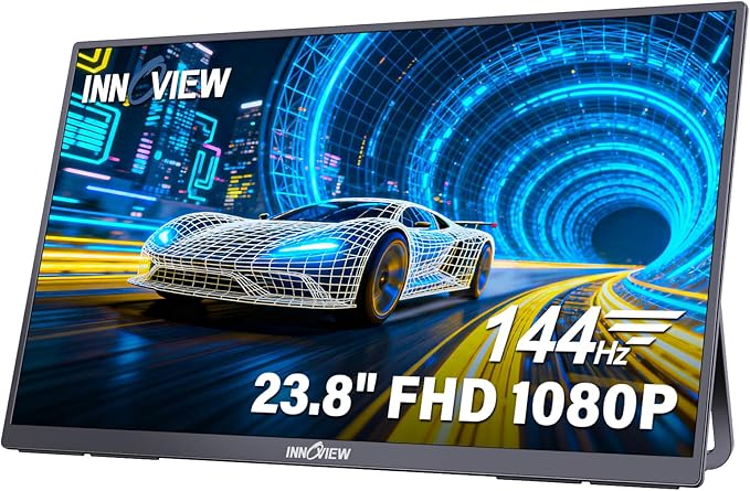 InnoView Large Portable Monitor 23.8inch FHD 1080P 144Hz USB-C, HDMI Computer Display HDR 100% sRGB IPS Gaming Monitor W/180°Adjustable DC Eyes Care Stand for Laptop PC MAC Phone PS4 Xbox Switch