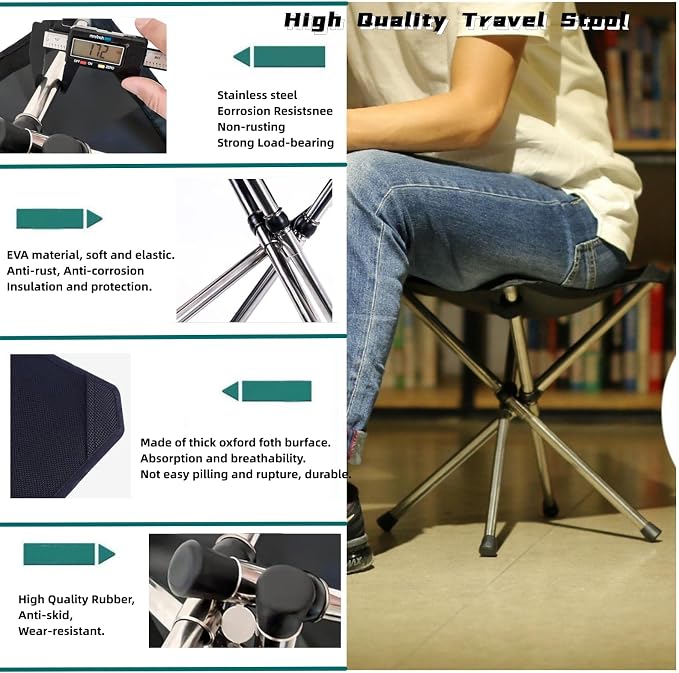 Ultra-Lightweight Stainless Steel Folding Camping Stool – Compact Portable Stool Folds to Umbrella Size (2″×2″×11.8″), Supports 275 lbs, for Hiking Fishing Picnic Garden Travel Outdoor Events