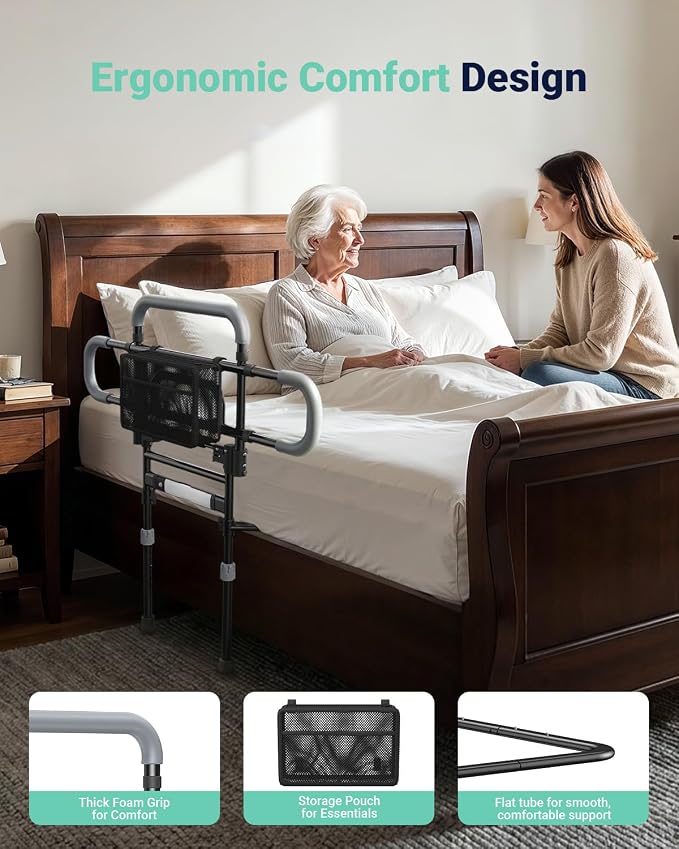 Bed Rails for Elderly Adults Safety, 180° Foldable Bed Rail with Adjustable Height & Width, 350lb Load, Extra-High Design, Wide Base, LED Light & Storage Pockets – Fits King/Queen/Full/Twin Beds