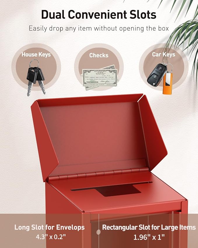 Uniclife Red Metal Donation Box, Wall Mounted Mailbox for Outside | Safe Suggestion Box with Key Lock, Steel Key Drop Box for Outside, Cash Box for Home Office and Business