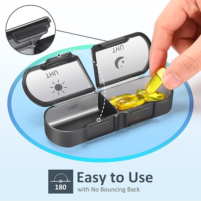 Fullicon Extra Large AM PM Pill Box Organizer 7 Day, Travel Medicine Pill Organizer 2 Times a Day, Large Supplement Vitamin Dispenser, Weekly Jumbo Pill Case Container for Purse (Black)