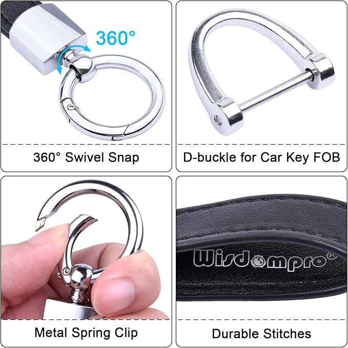 Wisdompro Genuine Leather Car Keychain, Universal Key Fob Keychain | Leather Car FOB Key Chain Holder for Men and Women, 360 Degree Rotatable, with Anti-lost D-ring and 3 Keyrings