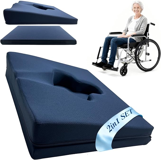 Gel Wheelchair Seat Cushion,Bed Sore Cushions for Butt,Office Chair Pressure Sore cushion,Memory Foam Pillow for bed,Pressure Ulcer Pain Relief,Relieve Sciatica,Coccyx,Washable Cover(Set Blue)