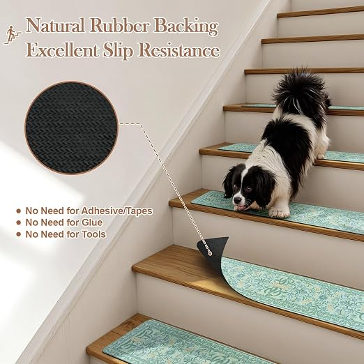 OJIA Blue Stair Treads Non Slip 15PCS 8"x30" Stair Runners for Wooden Steps | Floral Rubber Carpet Stair Treads Stair Runner Indoor Mats Residue-Free Staircase Step Treads for Kids, Elders, Pets