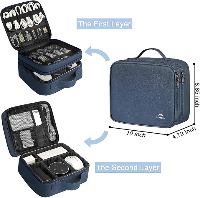 MATEIN Cord Organizer Case with Adjustable Divider, DJ Cable File Bag | Electronic Storage, Tech Accessories, Charger Cable Organizer, Cord Bag, Double Layer, Shockproof, USB Cable Organizer, Blue