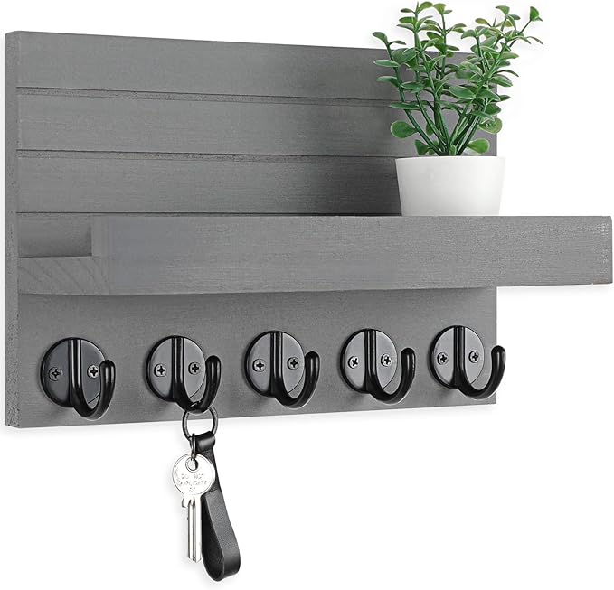 Lwenki Key Holder for Wall, Decorative Key and Mail Holder with Shelf Has Large Key Hooks for Bags, Coats, Umbrella – Paulownia Wood Key Hanger with Mounting Hardware (9.8”W x 6.7”H x 4.2”D)