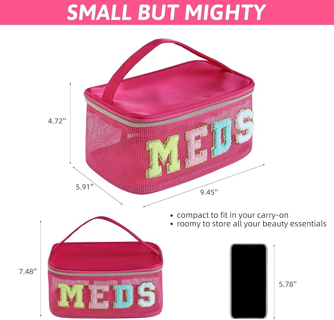 Medicine Bag, Portable Meds Bag with Chenille Letters, Breathable Mesh Makeup Bag Organizer for Travel, Pill Storage & Cosmetic Collection