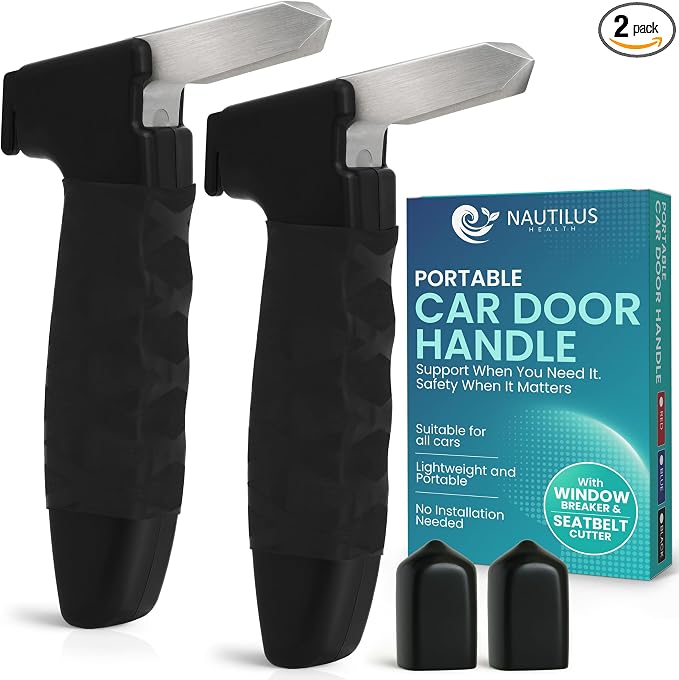Car Door Handle for Elderly - Car Cane Mobility Aid Tool, Steel Hook, Supports Up to 300 lbs, 3 in 1 Car Door Latch Bar for Seniors & Handicapped, Easy Tool-Free Use, Pack of 2 - (Black)