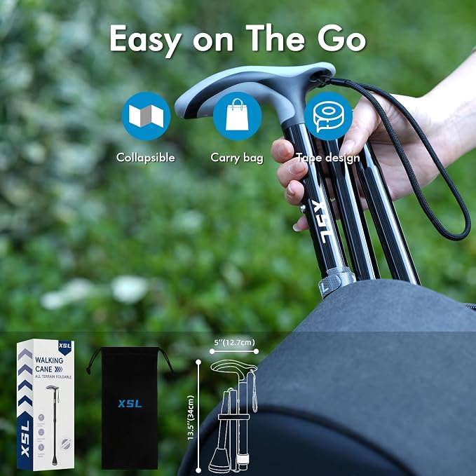 XSL Walking Cane - Foldable, Adjustable, Collapsible Walking Canes for Men & Women, Heavy Duty All Terrain Tip, with Travel Bag | Portable Walking Sticks for Seniors & Adults