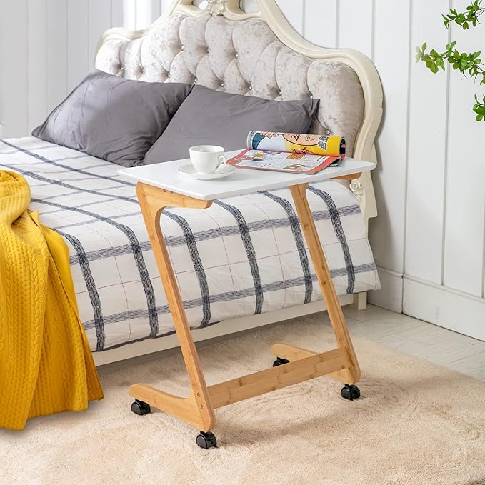 Nnewvante TV Tray Table with Wheels Sofa Side Table with Casters Couch Laptop Desk End Table Snack Tray for Living Room Bedroom Small Spaces White Bamboo Large 29.5'' x 15.8''