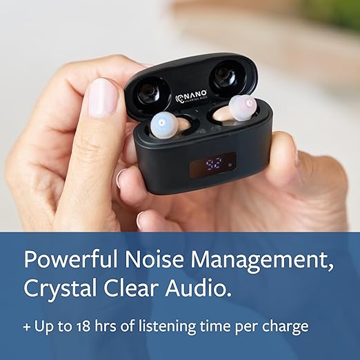 Nano Hearing Aids First Ear Plus CIC - Completely in Canal - For Adults & Seniors with Mild to Moderate Hearing Loss - Includes Rechargeable Battery, Portable Charging Case & Cable