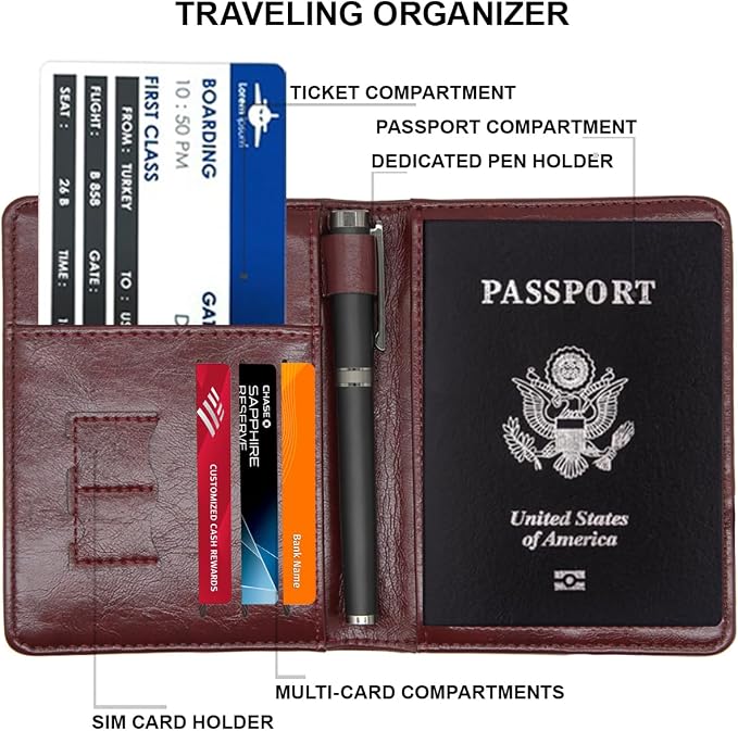 RFID Passport Wallet, RFID Passport Holder for Wallet, Essential Travel Anti-Theft Wallet Storage Case, Anti-Theft Protective Case，Burgundy