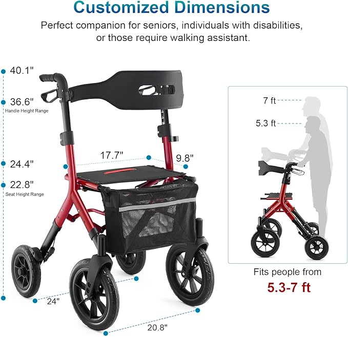 Rollator Walker with Seat, Tall Walkers for Seniors, 12" Big Rubber Wheels All Terrain Rollator Walker with Backrest, Built-in Cable, Foldable and Dual Adjustable Height for 5.3-7ft, Red