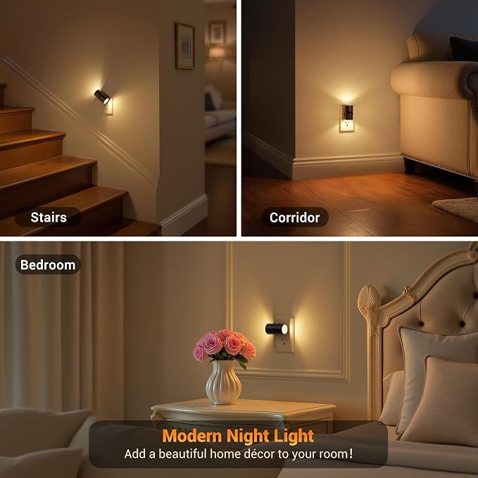 JandCase Motion Night Light, Rotating Night Lights Plug into Wall, 3 Colors | 3000K-5000K-Amber, Dusk to Dawn & Motion Sensor, 3 Level Brightness Nightlight for Bathroom Bedroom Hallway [4 Pack]