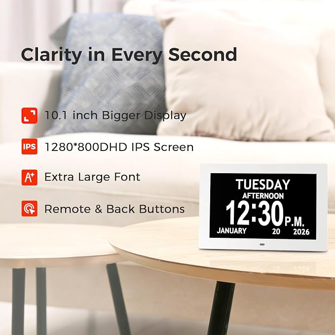 10.1'' Digital Clock With Date And Time, Large Display Dementia Alarm Clock | 1280*800P HD, Easy to See Date Time Day of Week, Reminders & Alarms, Auto DST, Gifts for Alzheimer Dementia Elderly, White