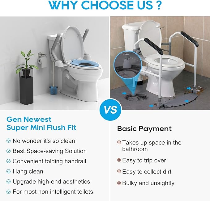 Toilet Safety Rails for Seniors, Adjustable Armrest, Space Saving, Stylish and Durable, Anti Slip and Anti Fall, Suitable for Elderly, Disabled, Pregnant Women with Armrest Toilet Safety Rail