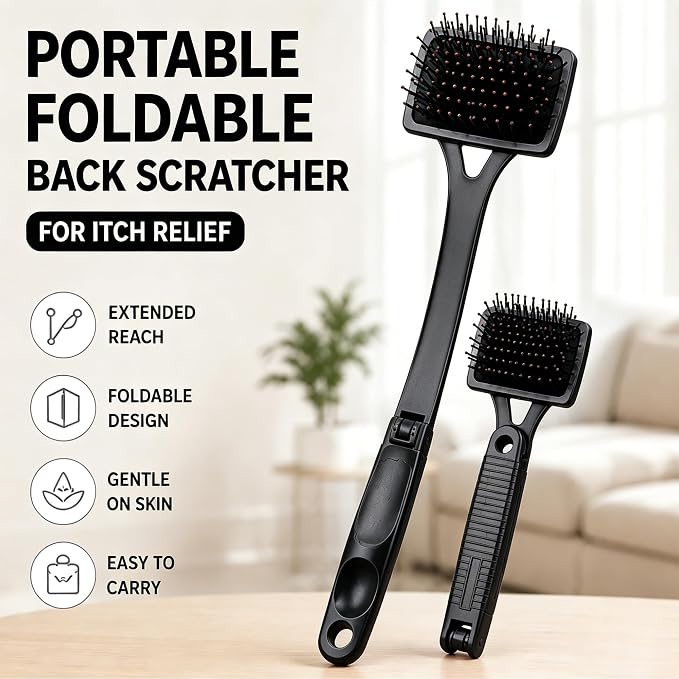 Back Scratcher Extendable Black Folding Handle for Men Women | Long reach folding handle with soft bristles for back shoulders legs and everyday personal care use at home or travel
