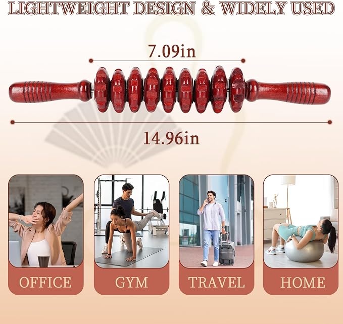 Liitrton Manual Wooden Massage Roller Stick for Legs, Body Roller, Red | Wood Therapy Massage Tools for Trigger Points Relief, Sore Muscle Recovery