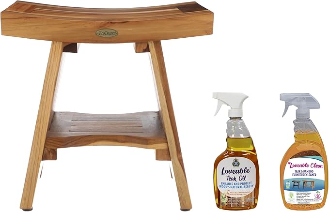 EcoDecors Serenity Teak Shower Bench,18 Inch, Natural Finish + Loveable 24 oz Teak Oil + Loveable 32 oz Teak Cleaner Spray Bottle