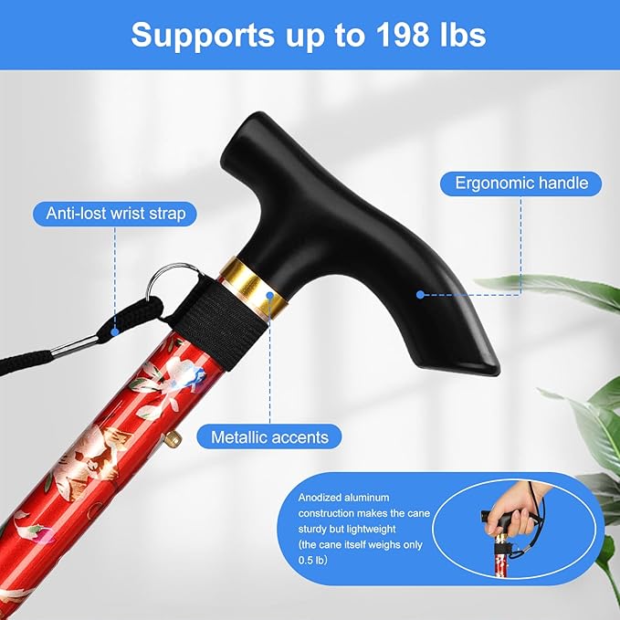 supregear Folding Cane, 5-Level Adjustable Height Walking Stick Lightweight Collapsible Portable Travel Cane with Wrist Strap and T Handle for Elderly Disabled Men Women