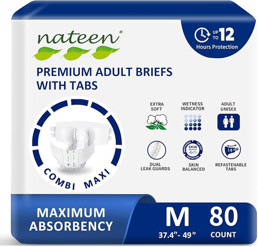 Nateen Combi Maxi Adult Diapers with Tabs for Men & Women, Maximum Absorbency Incontinence Briefs,Overnight Protection, Leakproof Disposable Adult Underwear. Medium, 80Count