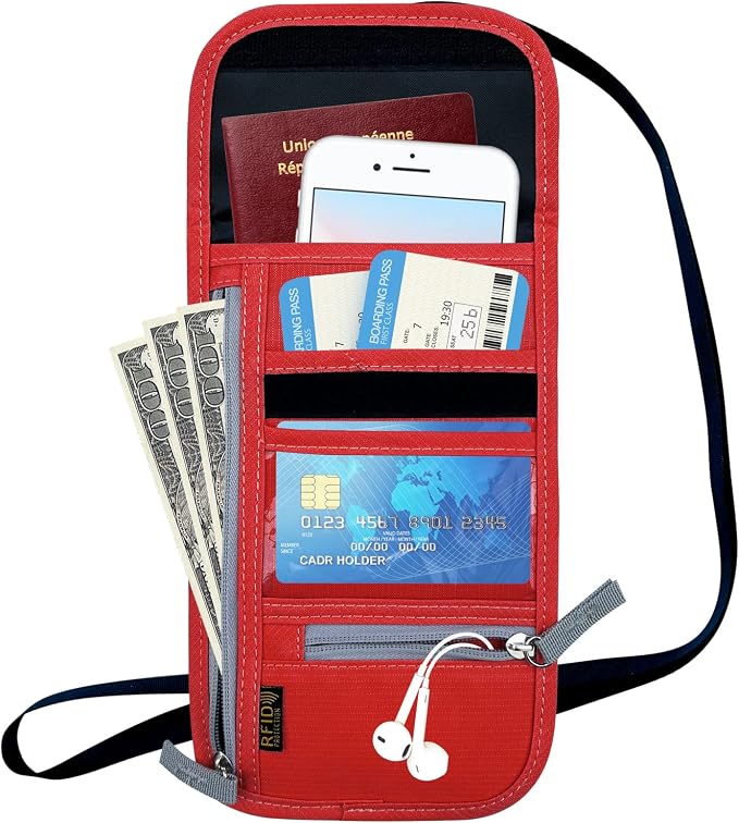 Travel Neck Wallet, RFID Blocking Passport Holder with Adjustable Neck Strap for Men and Women to Keep Cash, Credit Cards and Travel Documents Safe - Red