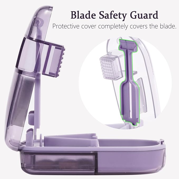 Pill Cutter Splitter for Small and Tiny Pills, or Large Pills. V-Shaped Design for Multiple Sizes. Safety Blade Guard. Loss-Proof Built-in Small Brush & Sliding Door Pill Storage (Sky)