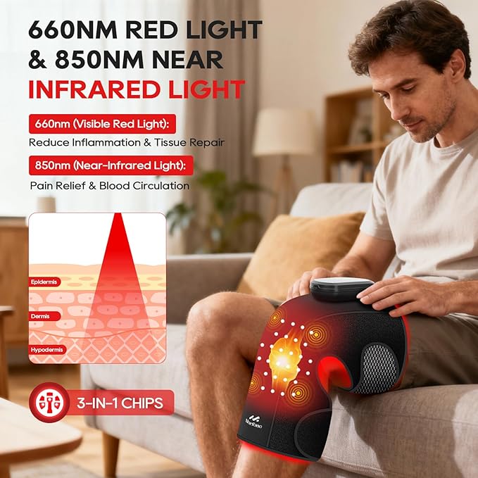 Morfone Red Light Therapy Device for Knee,3 Vibration Modes and 4 Heating Levels,5000mAh Wireless Rechargeable, 660nm and 850nm Infrared Red Light Therapy for Knee Pain Relief,Gifts for Women Men