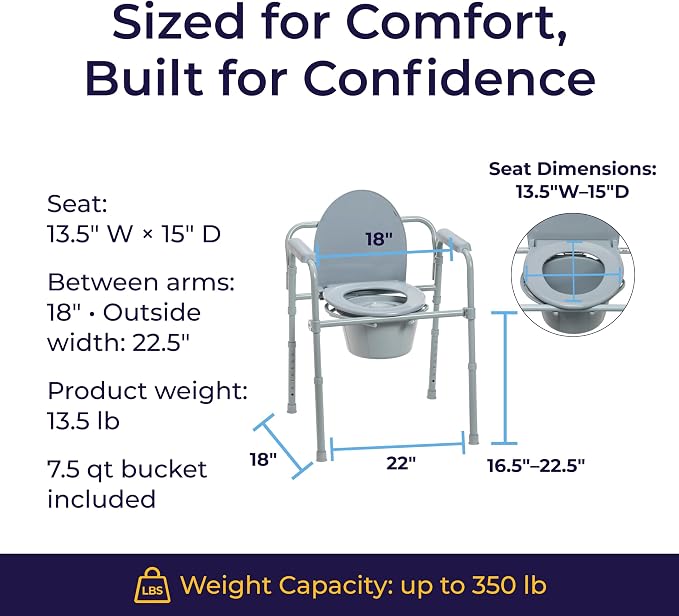 Drive Medical Folding Steel Bedside Commode Chair - Portable 3-in-1 Toilet Solution - Adjustable Height - 7.5 Qt Bucket Included - Durable Powder-Coated Steel Frame - Supports up to 350 Lb