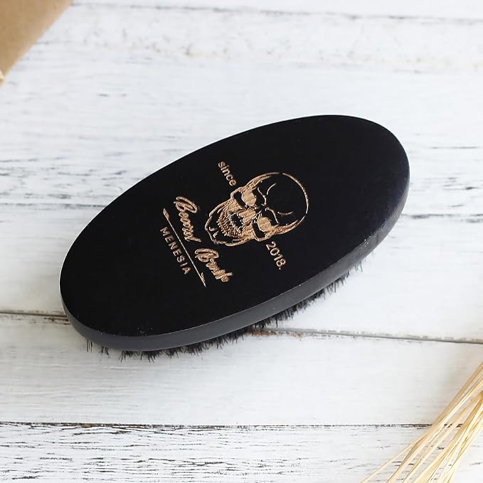 Black Soft Boar Bristle Beard Brush for Men | Soft & Smoothing Boar Bristles, Skull Print, Small Pocket Travel Size