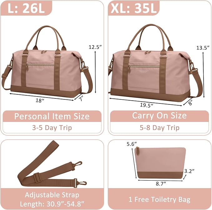 ELONGRIVER Travel Duffle Bag for Women, Weekender Bags, Hospital Bag for Labor Delivery, Lightweight Tote Duffel Overnight Bag with Luggage Sleeve, Airplane Travel Bags with Toiletry Bag, X-Large,Pink