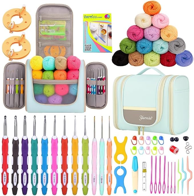 Yarniss Crochet Kits with Case, Beginner Crochet Set Includes 1050 Yards Crochet Yarn & 12 Size Ergonomic Crochet Hooks,Mint