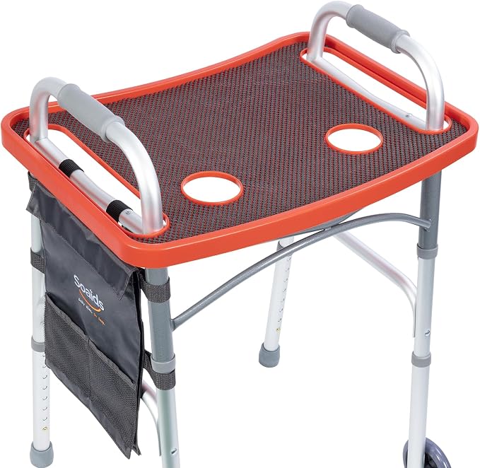 Walker Tray for Seniors with Dual Cup Holders & Side Pouch (Red) | Durable Food & Drink Table, Lightweight with Non-Slip Pad, Compatible with Walker of 10210-1 Model