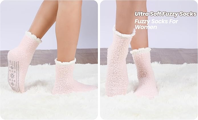 HUGSWEET 6 Pairs Thick Fuzzy Socks with Grip Cozy Non Slip Hospital Socks Home Fluffy Warm Slipper Socks Gifts for Women