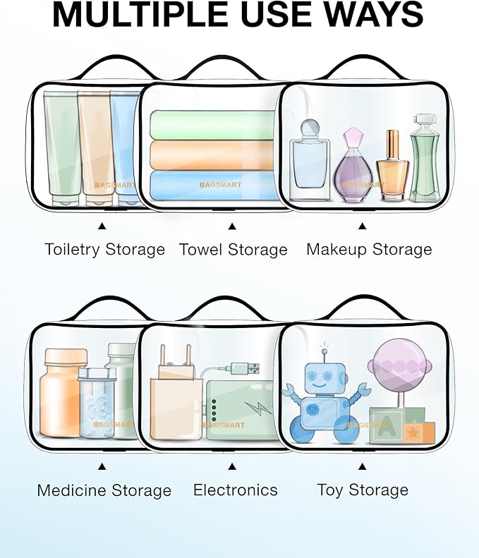 BAGSMART Clear Toiletry Bag with Handle 3-Pack TSA Approved, Black | Water-resistant Travel Toiletry Bag, Carry On Travel Accessories Bag, Airport Airline Quart Size Bags Women Men, Makeup Bag